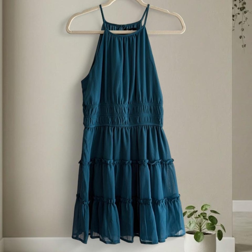 Trixxi blue midi dress with ruffles and adjustable straps. Size M